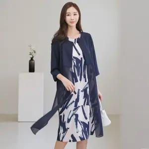 엄마옷  여름 패턴 쉬폰 가디건 7부 정장 빅사이즈 원피스 고급 40-50대 중년