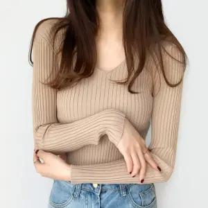 TLB V 여성 브이넥 골지 니트 티셔츠 봄가을 슬림핏 긴팔 이너
