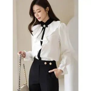 [스타일온미] 아멜디 브로치SET 배색 프릴 러플 블라우스