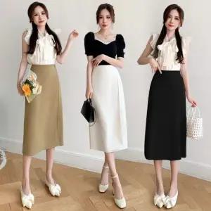 치마 여사친 베이지 롱스커트 영상 속 롱기장 원포인트 하이웨스트 힙색 A라인 뒤 트임 정장 OP1