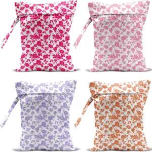 4팩 로즈 플로럴 웨트백 방수 세척 가능 재사용 드라이백 수영복 천 기저귀 여행 비치 풀 요가 짐 세면도구