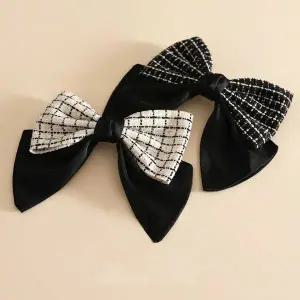 여자 트위드 배색 새틴 더블리본 자동핀 묶음 헤어핀