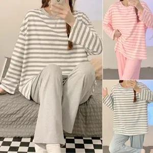 여성 봄 여름 가을 홈웨어 부드러운 파자마 깔끔 스트라이프 긴팔 잠옷 세트 (HSJ-WFITYFH)
