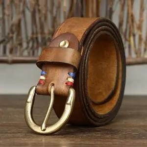 3.8CM 소가죽 고품질 진짜 가죽 벨트 남성용 브랜드 스트랩 남성 황동 버클 청바지 카우보이 럭셔리 디자이