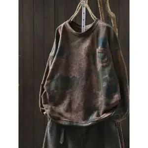 가을 빈티지 포켓 아플리케 라운드 프린트 여자맨투맨티 맨투맨 ible3