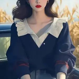 네이비 니트 올가을 맨투맨 톱 루즈핏 칼라 여자맨투맨티 ible3