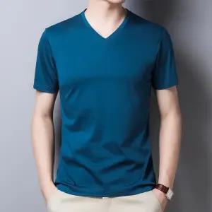 샤오원샵 남친 하계 가을 캐주얼 얇은 슬림 퓨어 반팔 베이직 반팔티 키작남 셔츠 노와이어 브이넥 꾹2