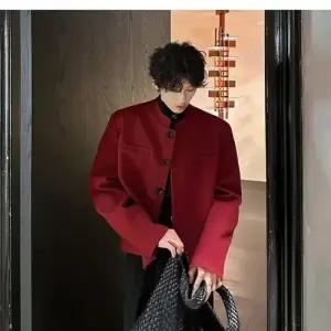 픽호샵 남성용 모직 빈티지 가을 패드 컬러의 코트 차이나넥 숏 키작남 와인 정장 자켓 숄더 스몰 꾹3