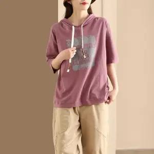 EAMT 여친 면 여름 캐주얼 후드티 루즈핏 맨투맨 탑 풀오버 티 레터링 스트링 반팔 후드 EUNG2