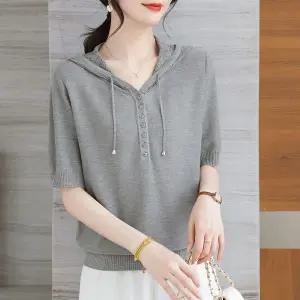 EAMT 여성용 캐주얼 여름 니트 티 펀칭 얇은 후드티 반팔 후드 올오버 상의 레이셀 EUNG2