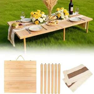 PIRXXII 60 x30 나무 접이식 피크닉 테이블 식탁보가 있는 휴대용 저상 캠핑 결혼식 해변 정원 파티에