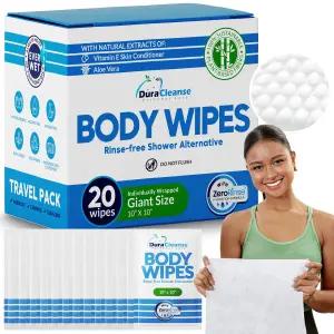 바디 물티슈 헹굼 금지 - 20 카운트 여행용 샤워 10 x 11.5 개별 포장 두꺼운 클렌징 워터리스 워시 스크럽