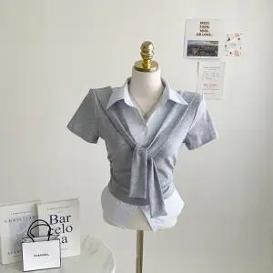 일체형 디자인 스트라이프 셔츠 타이 레이어드반팔 E375 세라일체형셔츠