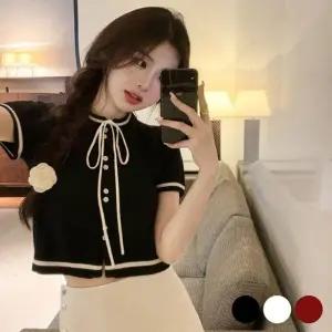 리본 반팔 반팔 니트 가디건 여름 귀여운룩 니트 세미크롭 러블리 원픽