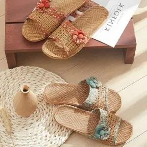 플라워 코사지 라탄 슬리퍼 여성 여름 휴가 샌들 바캉스 외출 신발