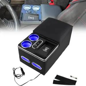 무선 충전 및 컵 홀더가 있는 룰라인 센터 콘솔 암레스트 정리함 카 미니밴 트럭 SUV용 LED 벤치 시트 밴