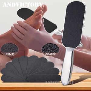 전문가용 페디큐어 풋 파일 양면, 스테인레스 스틸, 갈라진 피부 티눈 굳은살 제거제, 교체 가능 패드 10