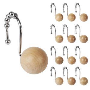 선라이트 보호 우드 비즈 장식 샤워 커튼 후크, 롤러 볼이 달린 링, 농가 욕실 행거 액세서리, 12개 세트, 내추럴