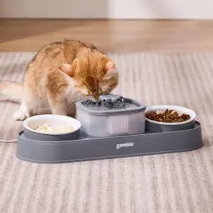 고양이 분수대와 세라믹 음식 그릇 2개 작은 회색어댑터 없음 두 마리를 위한 초조용한 자동 반려동물 사료