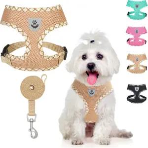 빙펫 개 하네스 및 목줄 세트 반사형 노 풀 조끼 부드러운 메쉬 통기성 조절 가능한 스텝 인 소형견 강아지