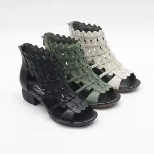 [라운슈] 오픈토 가죽 와플  샌들 부츠힐 5cm