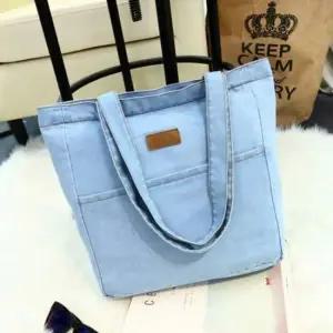 남녀공용 가죽라벨 전면포켓 데님 에코백 청 숄더백