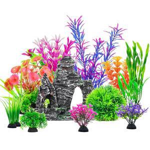 쿠스듀오비 13Pcs 수족관 식물 동굴 바위 장식 세트 & 어항 인공 플라스틱 식물, 어항 액세서리 소형 대형 수족관 장식 키트