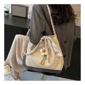 보헤미안 플라워 포인트 휴양지룩 푹신 왕골 숄더백