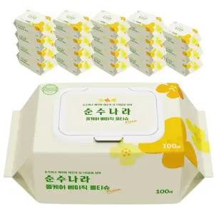 순수나라 올케어 베이직 물티슈 100매 20팩 제주도 식물원료 캡형 물티슈