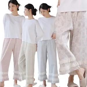 MANUA 여성 고밀도 순면 플라워 2단 레이스 와이드 얇은 파자마 홈웨어바지