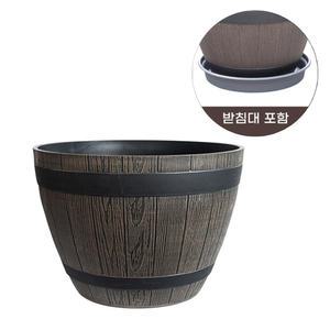 (코어무역) 플라스틱 오크통 화분 플분 나무 모형 빈티지 분갈이 원형화분 37.5x26.5cm 받침대 포함