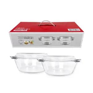 내열유리 오븐&렌지 용기 2종세트(원형 1000mlx2p)_1668 오븐용기 유리용기 반찬통 선물세트