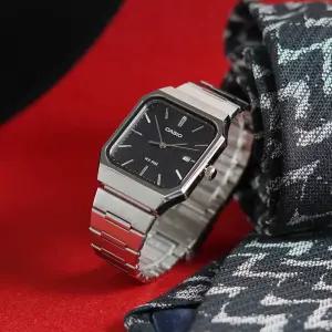 카시오 사각 스퀘어 레트로 캘린더 슬림 캐주얼 정장 메탈시계 블랙 실버