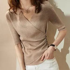 여성 상의 7부 반팔 브이넥 니트 티셔츠 베이지 (KYR-WC794F6)