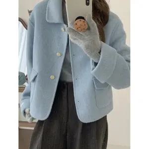 고급 러블리 파스텔 카라넥 기본 베이직 포켓 핸드메이드 울 코트 자켓