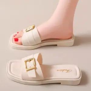 [라일리] Rly 여름 굽없는 슬리퍼 여자 포인트 뮬 샌들 빅버클