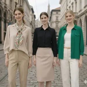 올리브그린 폰테 셔츠블라우스 3종+스카프세트