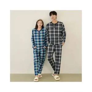 버블돌 벌스 투피스 잠옷 피치기모 남녀공용 체크 수면잠옷 커플 파자마 긴팔 투피스 3colors