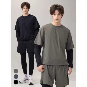 [아웃도어스/에버라스트]에버라스트 남자 러닝크루 세트 레이어드티+반바지레깅스