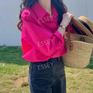 핫핑크 남방 여성 간절기 긴팔 블라우스 빅카라 포켓 셔츠