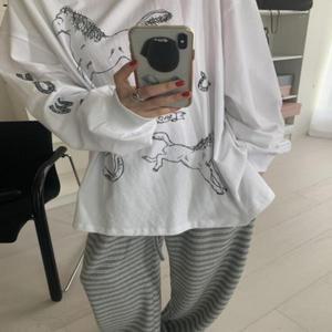 2026년 봄 말년년 한정판 루즈핏 캐주얼 만능 한국 스타일 순면 헤비 롱팔 여성 티셔츠