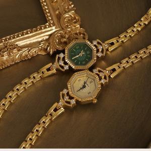 18K 금 도금 황동 밴드 고품질 2022 여성용 시계, 라인석 골드 럭셔리 레트로 영국 스타일 팔찌 손목 신제