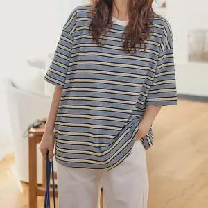 스트라이프 배색 반팔 티셔츠 루즈핏 라운드넥 여성 빅사이즈
