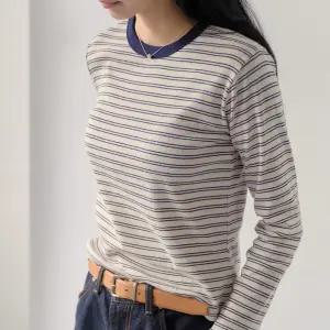 [더나무그림] 여성 펀칭 스트라이프 배색 라운드넥 긴팔 티셔츠 NCP2TS002 디토TS