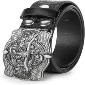 남녀 청바지용 UTOWO 웨스턴 PU-가죽 카우보이 버클 벨트 꽃무늬 롱혼 황소 (25-38인치 허리)