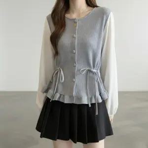 [핑크엘리제]니트블라우스 배색니트 레이어드 아르모엔리본니트