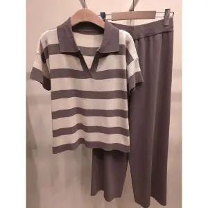 [하프클럽/샵앤]여성 슬릿 카라넥 단가라 니트 티 바지 투피스 세트 21DS-WSET-