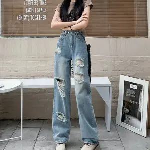 피콜로 여성 바지 캐주얼 빈티지 찢어진 하이웨이스트 데일리룩 슬리퍼 와이드 청바지 일자 KUK1