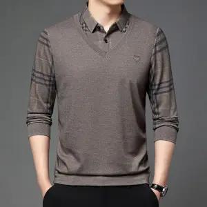남성 유행각 라운드넥 니트 봄가을 긴팔 티셔츠 얇은 가짜 투피스 풀오버 힛템