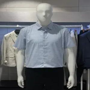 [트루젠]남성 스카이블루 체크 반팔 면스판 와이셔츠 남자 드레스 셔츠